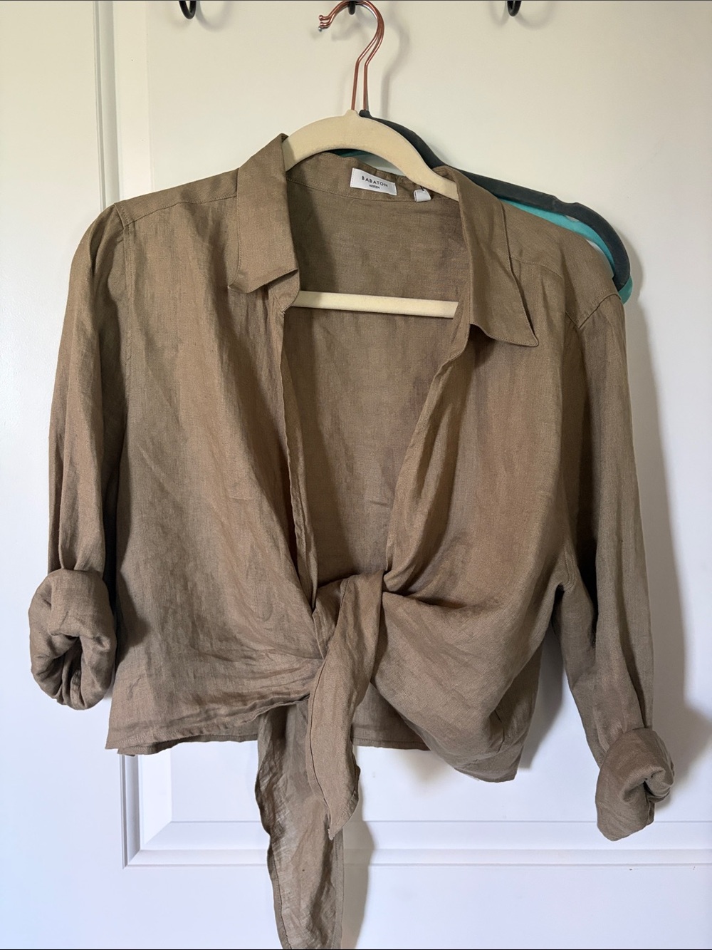 Babaton Linen Button-Up Shirt — Olive Tan